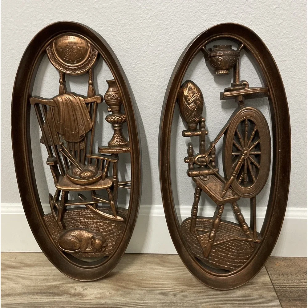 Vtg 1965 Burwood Wall Plaques 4364 & 4365 Oval‎ Spinning Wheel Rocking Chair Cat